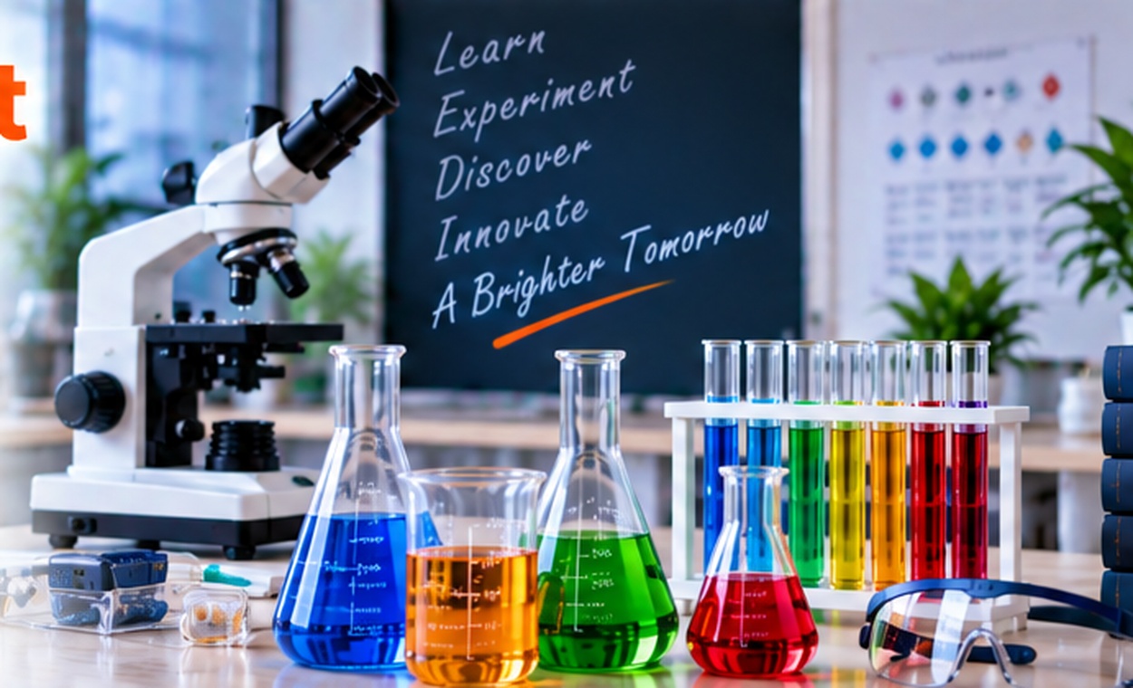 Chemistry laboratory with microscope and colorful glassware